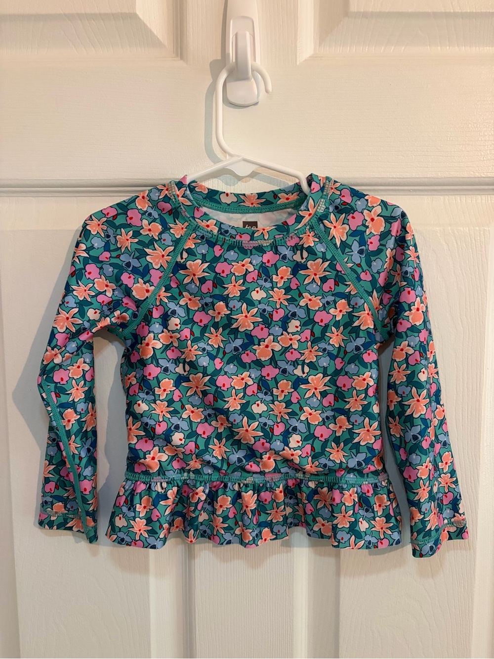 Tea Collection Teal Rashguard W/Ruffle Bottom - Teal, Pink, & Peach Floral - 2T